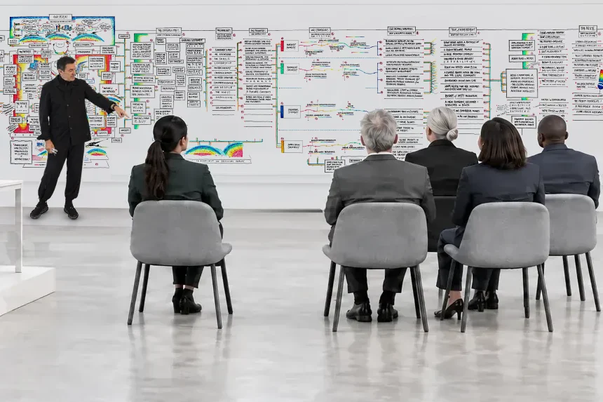 From the Player: the team seated in front of a full Structured Visual Thinking wall